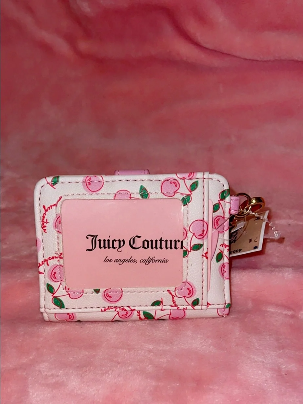 Juicy Couture Soft White and Pink Cherry Card Holder with Pink Cherry Pom Charm